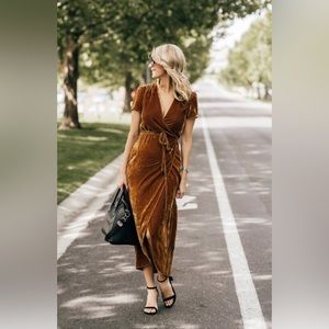 Wayf Rust Orange Velvet Wrap Midi Dress